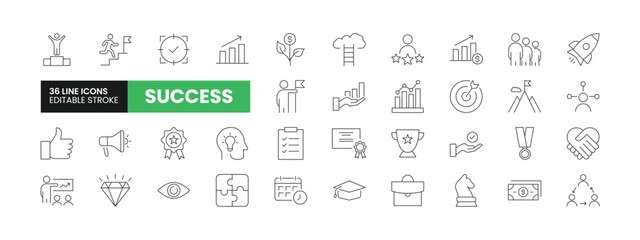 Set of 36 Success line icons set. Success outline icons with editable stroke collection. Includes Success, Achievement, Analytics, Trophy, Medal and More.