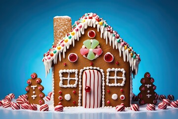 Fototapeta na wymiar Gingerbread house made of candy and sweets. Christmas food and decoration. Generative Ai