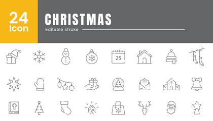 Fototapeta na wymiar Set of web icons in line style. Christmas icons for web and mobile app. Hat, calendar, holly, outline, star, angel, balloon, checklist, ETC.