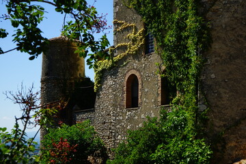 Fototapeta na wymiar Roccantica castle detail view with ivy on the wall, Rieti, Lazio, Italy
