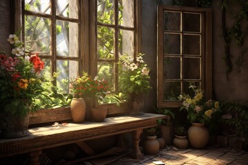 Fototapeta na wymiar Free Window in old fashioned house with flowers Generative AI