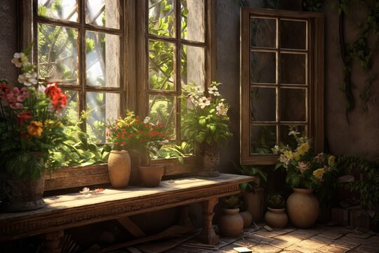 Free Window in old fashioned house with flowers Generative AI