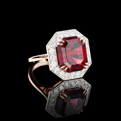 beautiful yellow gold ring with diamonds and garnet on a black background