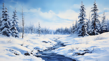 Obraz premium Breathtaking view of a forest covered with snow during sunset in norway. Generative Ai