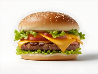 classic big burger with beef patty and veggies isolated in a white background 