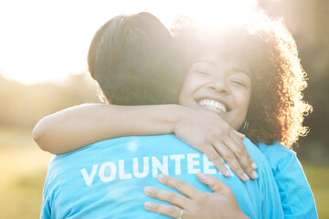 Nature, community volunteer and happy people hug, support and NGO team celebrate environment care....
