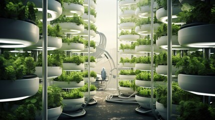 Innovative vertical farm with LED grow lights, showcasing sustainable agriculture and urban farming revolution. Advanced hydroponics and automated systems ensure energy efficiency.