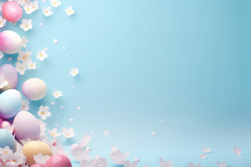 Blue background with frame with spring flowers and easter eggs. Space for text.