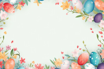 Spring Easter frame with eggs and flowers in pastel colors. Space for text. - obrazy, fototapety, plakaty