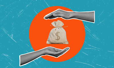 Contemporary art collage, female palms in the orange circle, a bag of money.