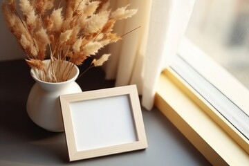 Picture frame mockup and vase of dried linum on windowsill top view. Flat lay, top view, copy space. generative ai.