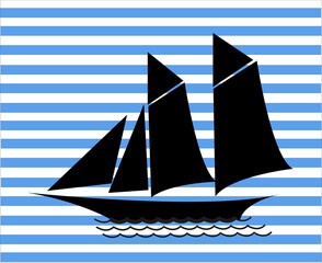 Silhouette de voilier deux mats sur fond de bandes blanches et bleues  © guitou60