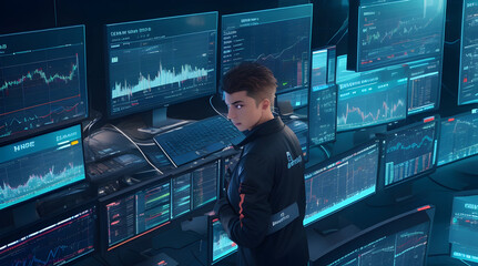 xplore the future of finance with a detailed 3D rendering of a man analyzing crypto and stock market. Generative AI
