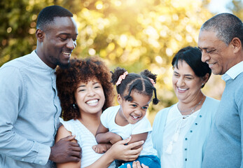 Happy, love and family generations in nature at an outdoor park together for bonding. Smile, fun and girl child with grandparents and parents in a green garden on weekend trip, adventure or holiday.