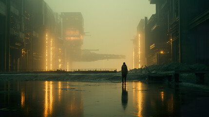 man in dark futuristic cyberpunk city, fantasy and sci fi, generative AI