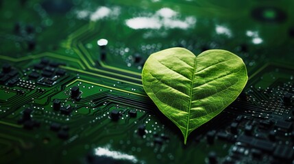 eco friendly technology, green leaf with semiconductors and computer circuit board, micro chip and nature concept, generative AI - obrazy, fototapety, plakaty