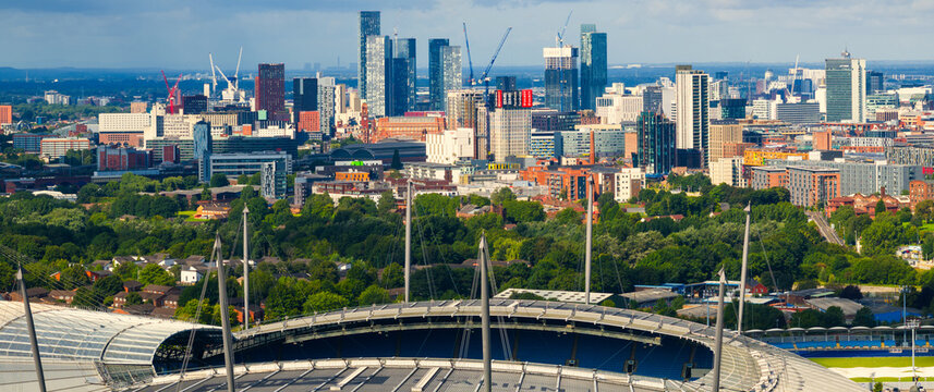 Etihad Stadium And Sport City View Showing Manchester Skyline. 