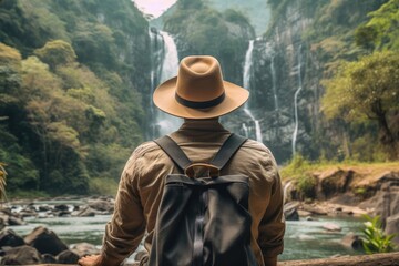 Fototapeta na wymiar Man traveler with backpack and hat looking at waterfall in the jungle.Generative AI