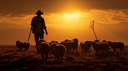 pastor de ovelhas em lindo por do sol 