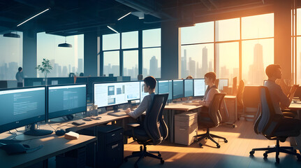 A panoramic view of a bustling tech startup office, showcasing the dynamic synergy of creative minds at work. Generative AI