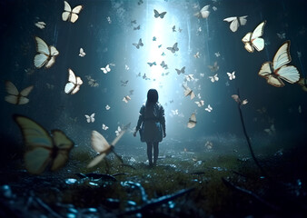 Little Girl walking through darkness to the light, surrounded by illuminated butterflies, realistic design illustration, generative ai