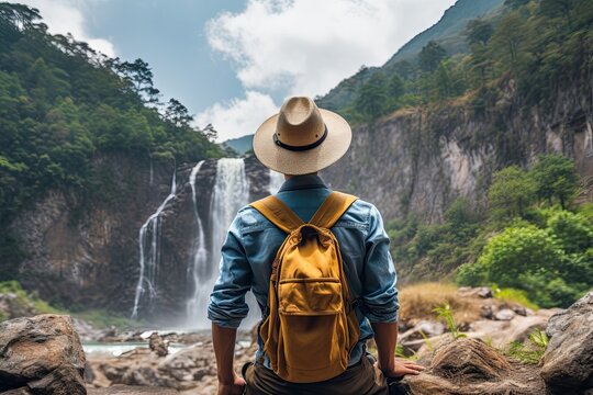 Man traveler with backpack and hat looking at waterfall in the jungle.Generative AI