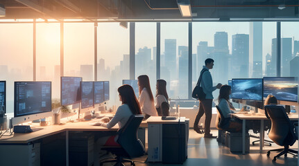 A panoramic view of a bustling tech startup office, showcasing the dynamic synergy of creative minds at work. Generative AI