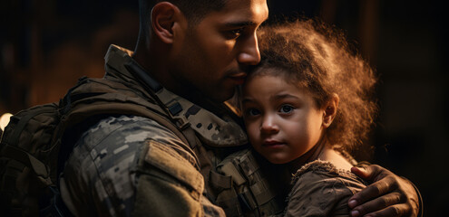 Fototapeta premium Veterans Day. A soldier and his daughter. Daddy daughter time. Father's day. Daddy's little girl. Separation. Unconditional love. Protection. Care. Sacrifice. 