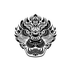 Dragon line art, Pi Xiu Chinese mythical hybrid creature, Chinese lucky animal mascot, guardian lion, Chinese dragon artwork black line stencil isolated on white PNG