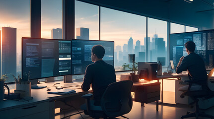 A panoramic view of a bustling tech startup office, showcasing the dynamic synergy of creative minds at work. Generative AI