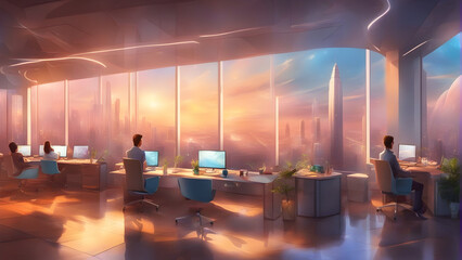 A team of professionals in the office of tomorrow, with panoramic view of  futuristic landscape. Generative AI