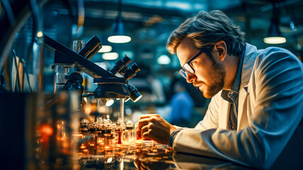 A scientist in a laboratory, peering through a microscope, his hands steady, focused on discovering the mysteries of the microscopic world. Microscopic Exploration - The Scientist's Domain. - obrazy, fototapety, plakaty