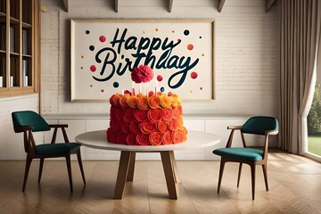 modern living room with birthday cake and happy birthday background