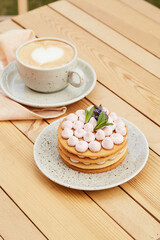 Sugar free french cake honeydew and coffee cup . Relaxing, time for yourself concept