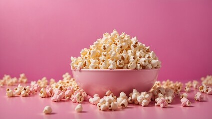 Fototapeta na wymiar popcorn in a bowl with pink background