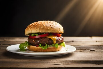 hamburger on a wooden table