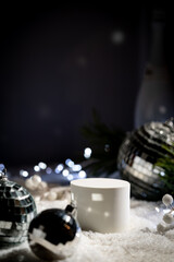 Winter Christmas composition with geometric shapes podiums and christmas decorations in snow. Empty pedestal for product presentation and for advertising display