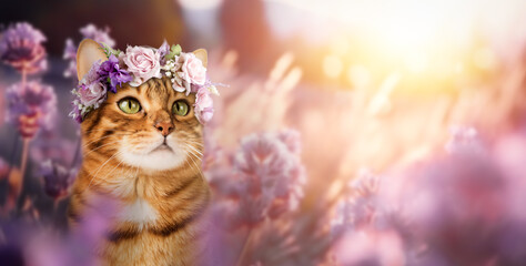 Bengal cat in a wreath of flowers in a lavender field.