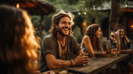 Obraz premium Large group of friends, millennial people with friend enjoying a fun-filled social gathering at an outdoor restaurant, friendship and social gathering concept, Generative AI