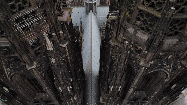 Aerial drone video footage Famous Cologne Cathedral. Panoramic view of the center of Cologne and the bridge over the river. K&ouml;lner Dom. Hohe Domkirche St. Peter und Maria