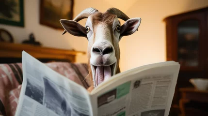Fotobehang shocked goat reading a newspaper © zayatssv