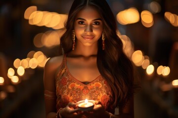 Obraz na płótnie Canvas Beautiful Indian girl holding diya on Diwali festival night
