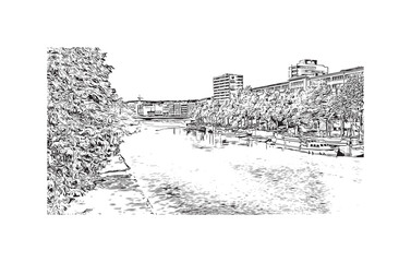 Building view with landmark of Saarbruck is the city in Germany. Hand drawn sketch illustration in vector.