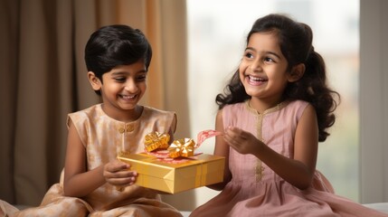Cheerful Indian brothers and sisters exchange gift boxes during the Raksha Bandhan festival.