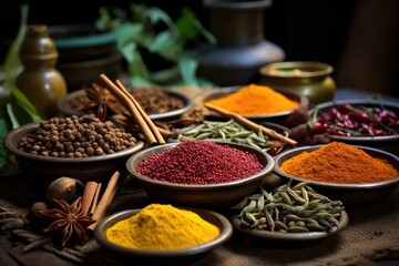 Colorful spices for gar masala Food ingredients for gar masala Indian spices mixed with powder
