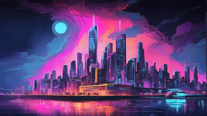 A surrealist painting of a cityscape, with a bright, neon light illuminating the buildings.