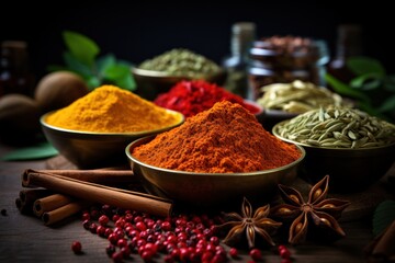 Colorful spices for gar masala Food ingredients for gar masala Indian spices mixed with powder