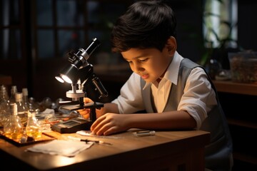 Indian boy with chemistry experiment and microscope Asian boy with a microscope and doing chemistry