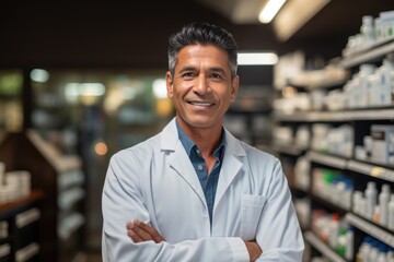 Fototapeta premium Happy Asian Indian male pharmacist standing in pharmacy