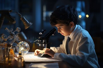 Indian boy with chemistry experiment and microscope Asian boy with a microscope and doing chemistry - obrazy, fototapety, plakaty